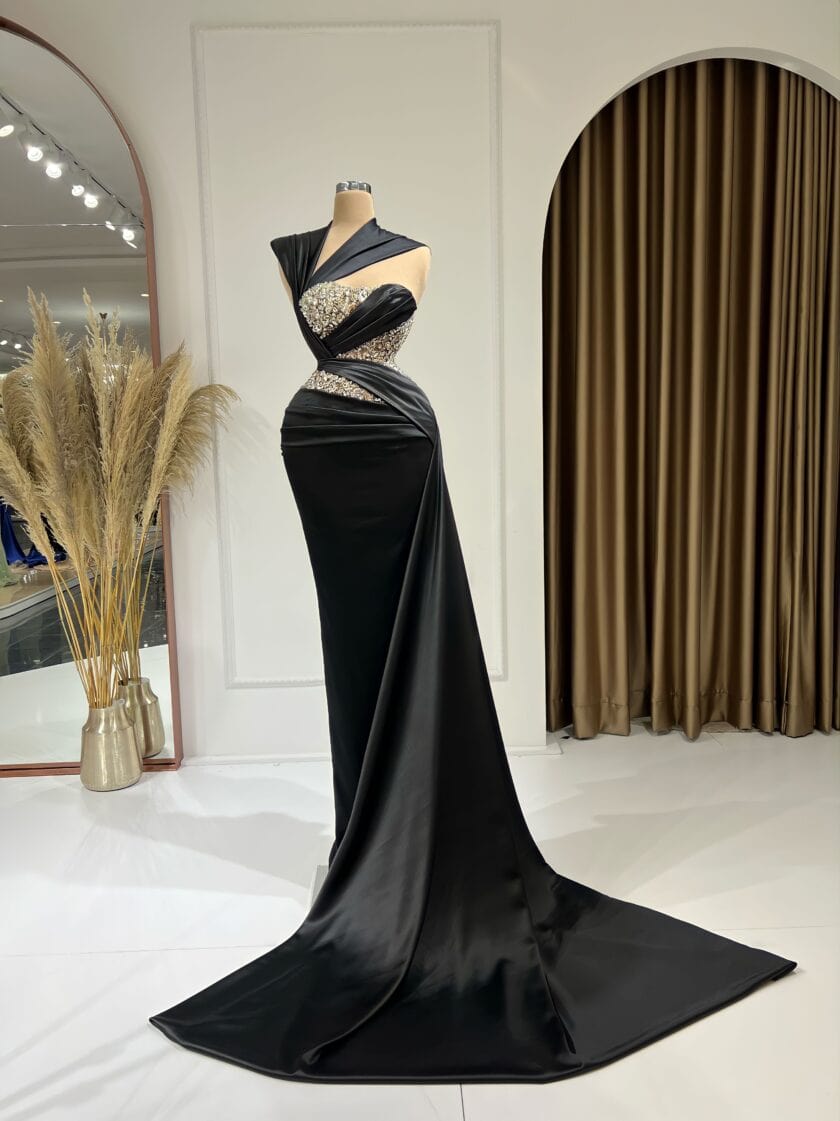 Black Satin Off Shoulder Black Strapless Evening Gown With Sequins And  Beading 2017 Prom & Formal Party Gown From Sexypromdress, $133.67 |  DHgate.Com